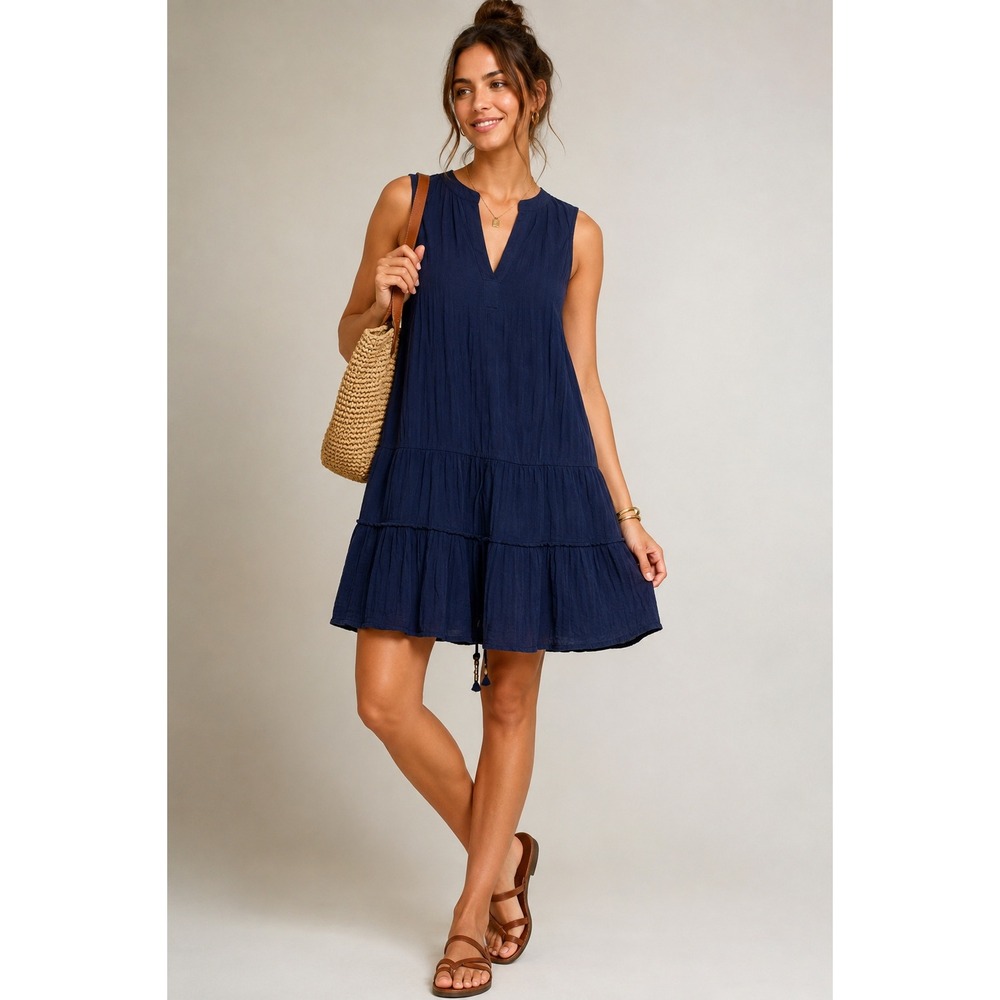 JJoie Navy‎ Cotton Gauze Mini Dress Womens XXS Tassel Tie Boho